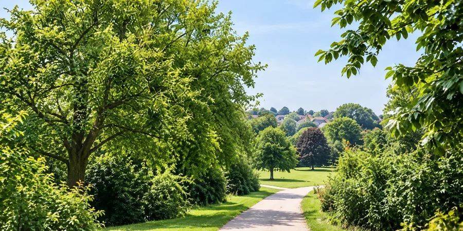 Green hills and homes beside a town