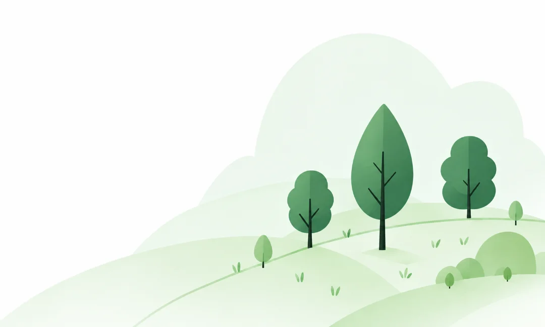 Illustration of rolling green hills and trees
