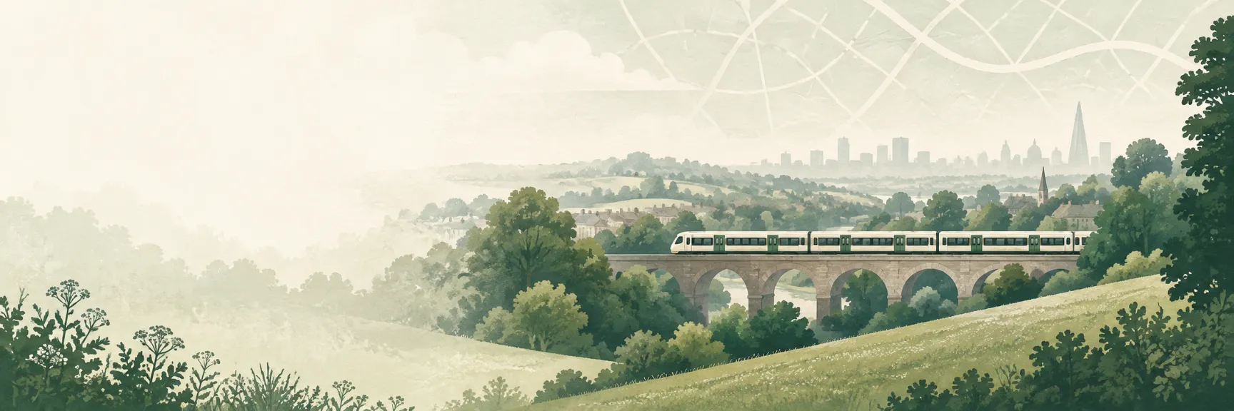 A railway viaduct running through a leafy commuter town